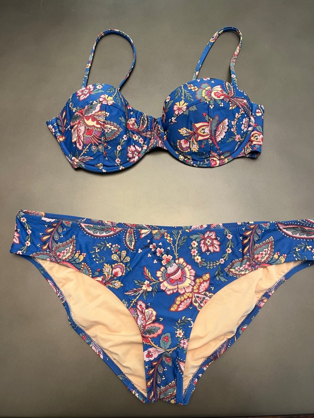 J. Crew Blue Liberty Floral Bikini 36C Underwire top and Large Bottoms.
